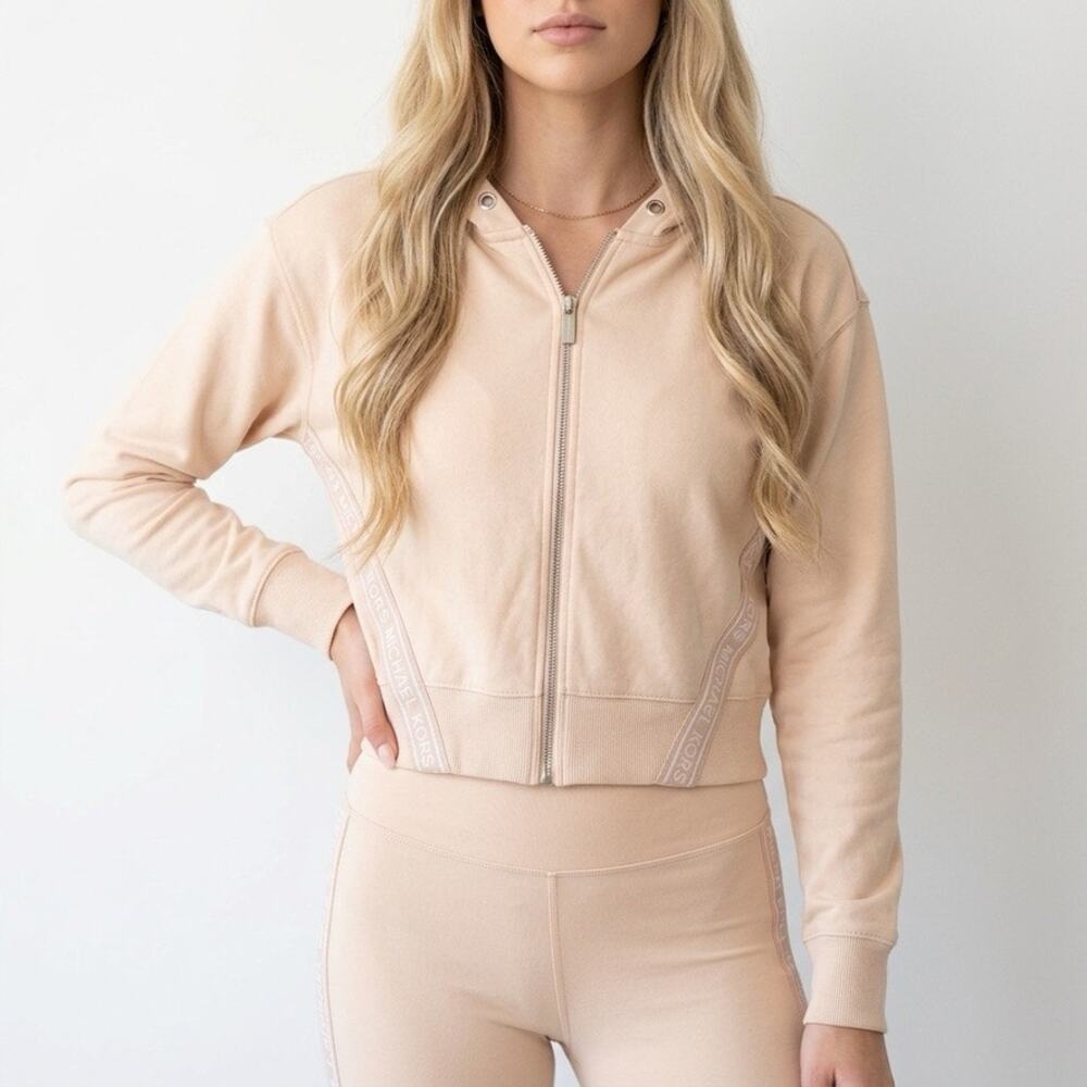 Michael Kors Blush Pink Logo Tape Cotton Track Jacket Sz XS Hoodie Sport Chic